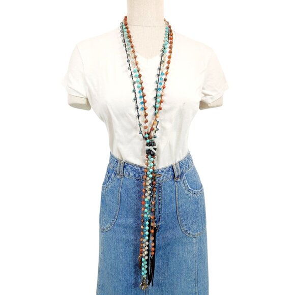 Turquoise Crystal Leather Wrap Picasso Jasper Stone Long Necklace Boho Chain